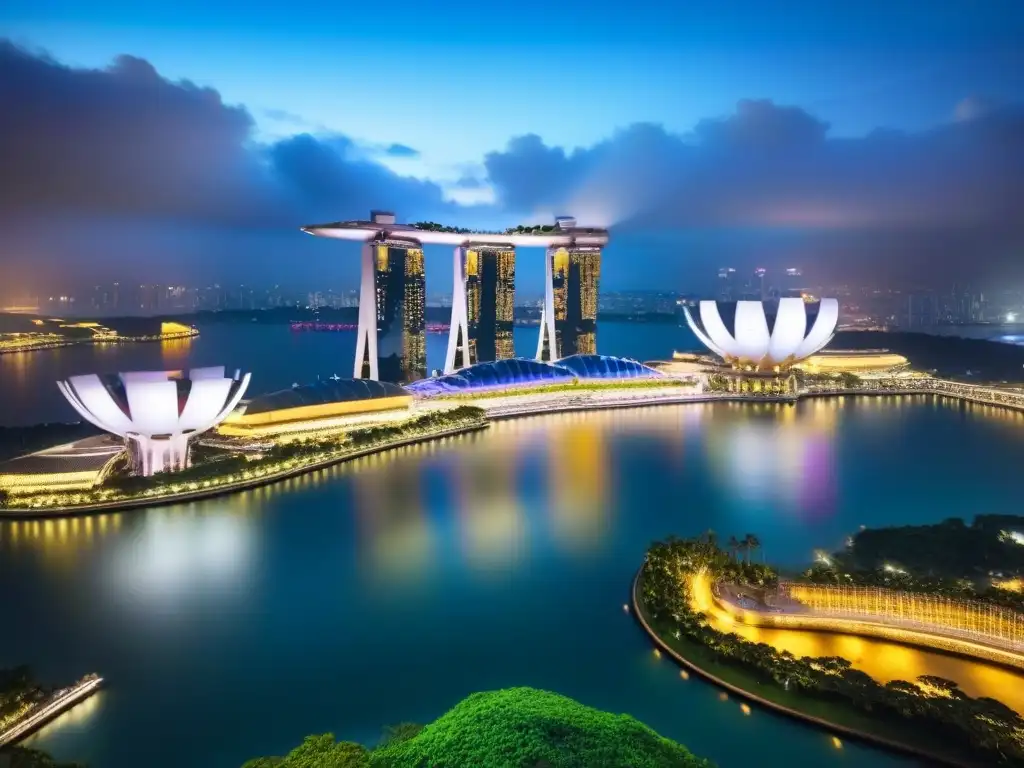 Vista aérea nocturna de Singapur con Marina Bay Sands, Gardens by the Bay y luces de la ciudad reflejadas en el agua