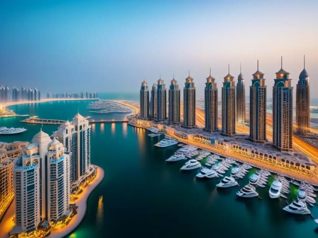 Lujo nocturno en Dubai: Marina iluminada y bulliciosa Vista aérea nocturna de lujo en Dubai Marina, con rascacielos iluminados, yates lujosos y calles llenas de lujo