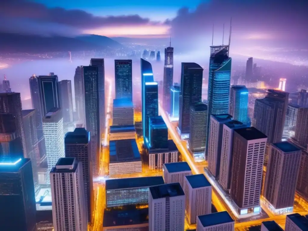 Metrópolis futurista: luces neón en la noche Vista aérea nocturna de una metrópolis futurista con rascacielos iluminados por luces de neón, reflejando el ajetreo urbano