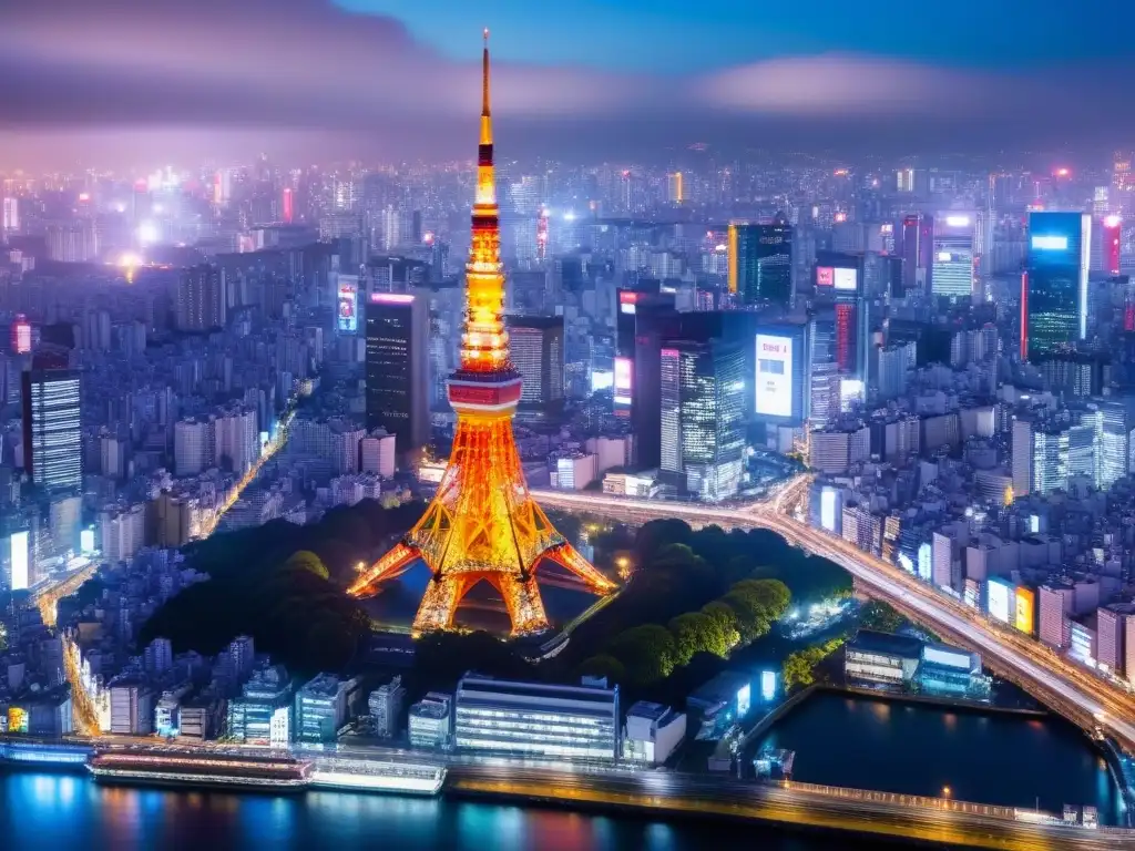 Tokio de noche: Torre iluminada y luces de la ciudad Vista aérea nocturna de Tokio con la icónica Torre iluminada y un mar de luces urbanas