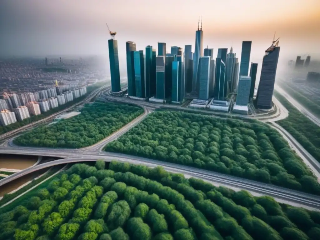 Metrópolis moderna: integración de nuevos desarrollos inmobiliarios Vista aérea de nuevos desarrollos inmobiliarios impacto económico en el paisaje urbano: rascacielos, diseño moderno y espacios verdes entrelazados