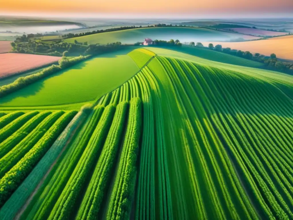 Horizonte rural: belleza natural en altísima resolución Vista aérea de paisaje rural exuberante con colinas verdes, granjas y campos de cultivo