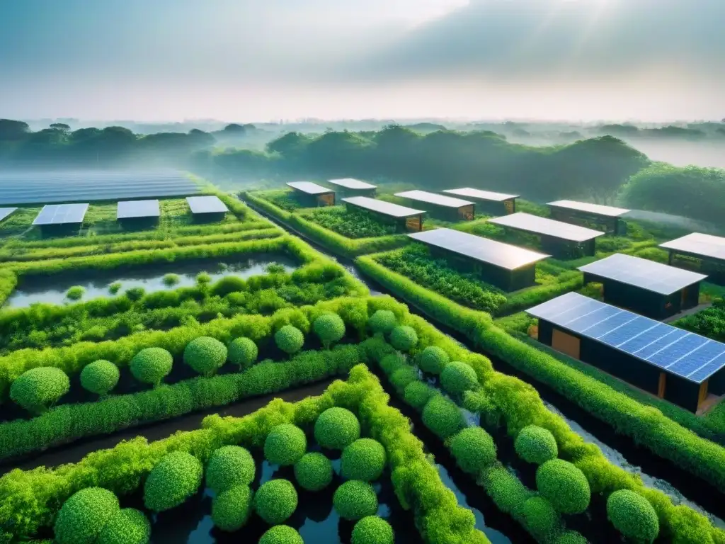 Horizonte urbano sostenible: edificios verdes y sistemas innovadores de agua Vista aérea de paisaje urbano sostenible con edificios verdes y sistemas innovadores de gestión del agua en inmobiliarias