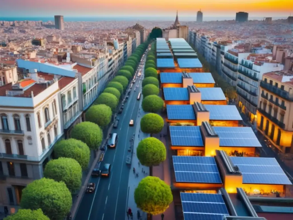 Barcelona sostenible: fusión de modernidad y tradición al atardecer Vista aérea del paisaje urbano de Barcelona al atardecer, con edificios sostenibles y espacios verdes entrelazados con arquitectura tradicional