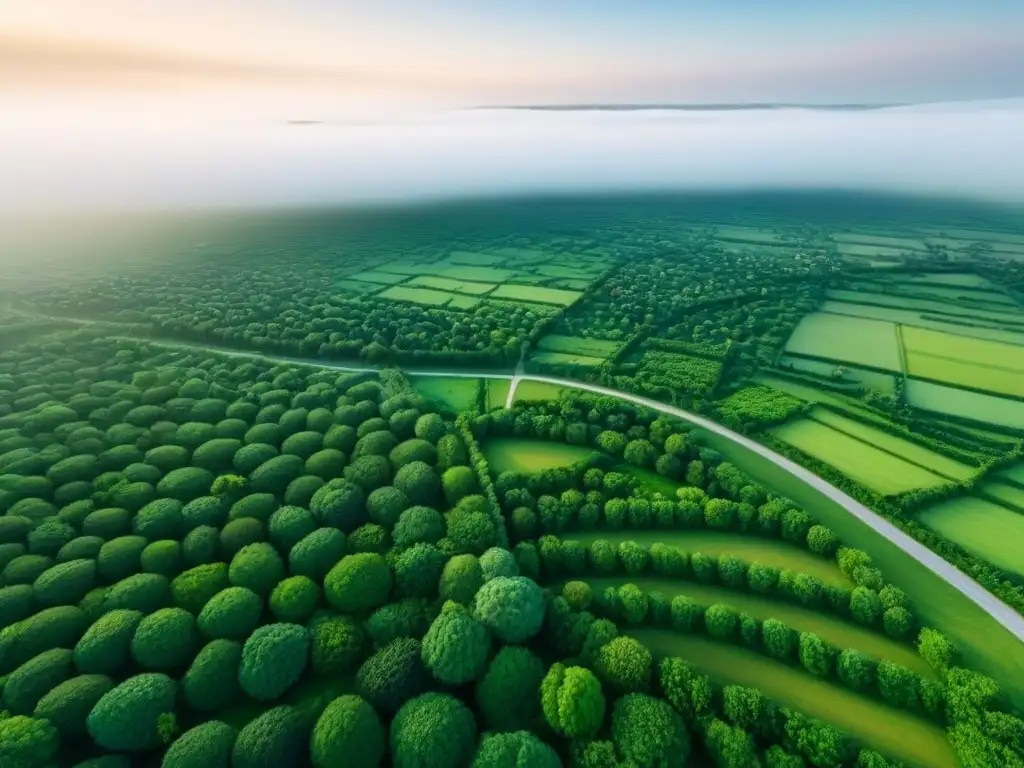 Mosaico de propiedades: tierras verdes y diversidad de negocios Vista aérea de paisaje verde con propiedades residenciales, comerciales y agrícolas