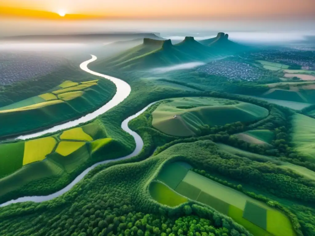 Paisaje verde y prometedor: desarrollo en horizonte Vista aérea de paisaje verde con río, sol dorado y ciudad lejana