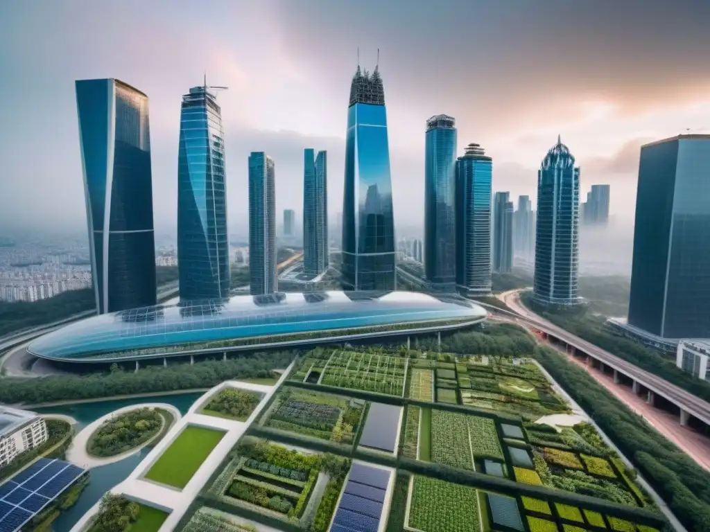 Metrópolis futurista: rascacielos innovadores y naturaleza exuberante Vista aérea panorámica de una ciudad moderna con rascacielos innovadores y diseño futurista, rodeada de espacios verdes