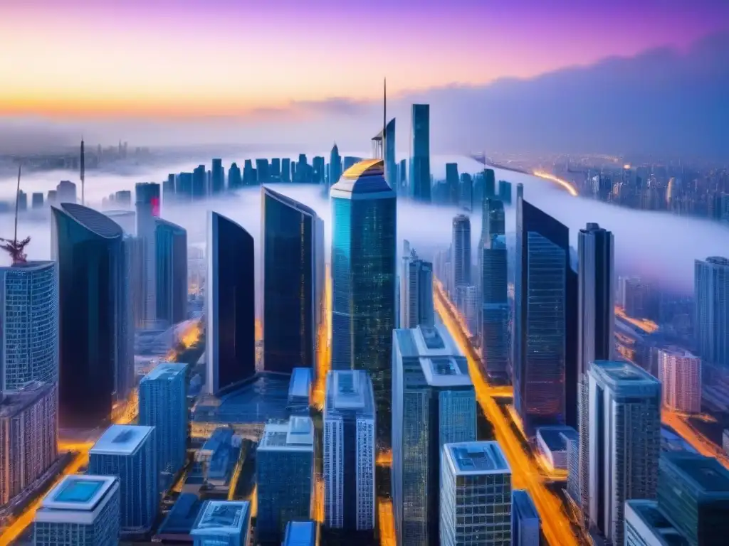 Metrópolis futurista: modernidad y tecnología en el mercado inmobiliario Vista aérea panorámica de una ciudad moderna y avanzada tecnológicamente, con rascacielos y pantallas digitales