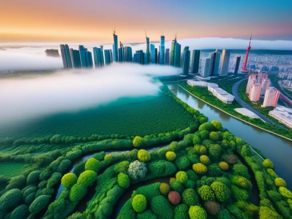 Contraste urbano: skyline moderno entre naturaleza exuberante Vista aérea panorámica de una ciudad bulliciosa con rascacielos y edificios residenciales, rodeada de vegetación exuberante y un río serpenteando
