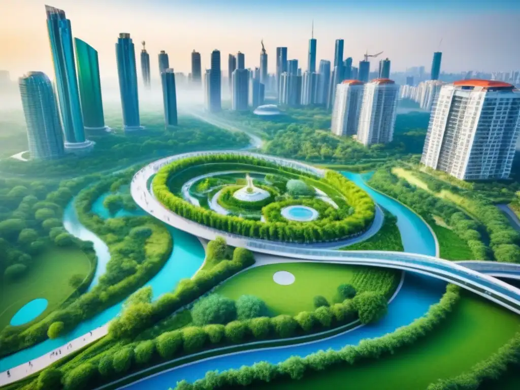 Metrópolis sostenible: armonía entre naturaleza y modernidad Vista aérea de parque urbano con edificios sostenibles en ciudad, Desarrollos inmobiliarios sostenibles áreas metropolitanas