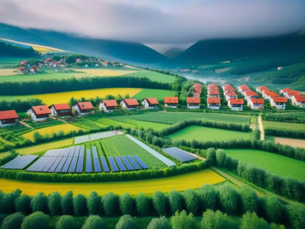 Aldea ecológica en Europa del Este: armonía sostenible Vista aérea de un pintoresco pueblo ecológico en Europa del Este, con casas coloridas, paneles solares y turbinas eólicas