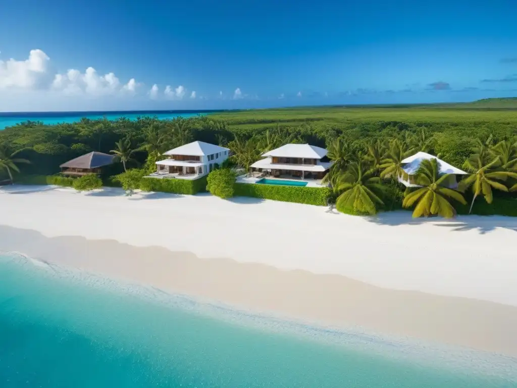 Paraíso caribeño: playa de arena blanca, aguas turquesas y villas de lujo Vista aérea de una playa virgen en el Caribe con aguas turquesas, palmeras verdes y villas de lujo