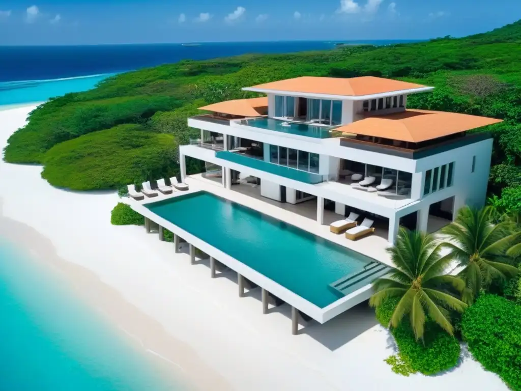 Propiedad de lujo frente al mar en el Caribe: arquitectura moderna con vistas panorámicas al océano Vista aérea de propiedad frente a la playa en el Caribe, con arquitectura moderna y piscina infinita privada