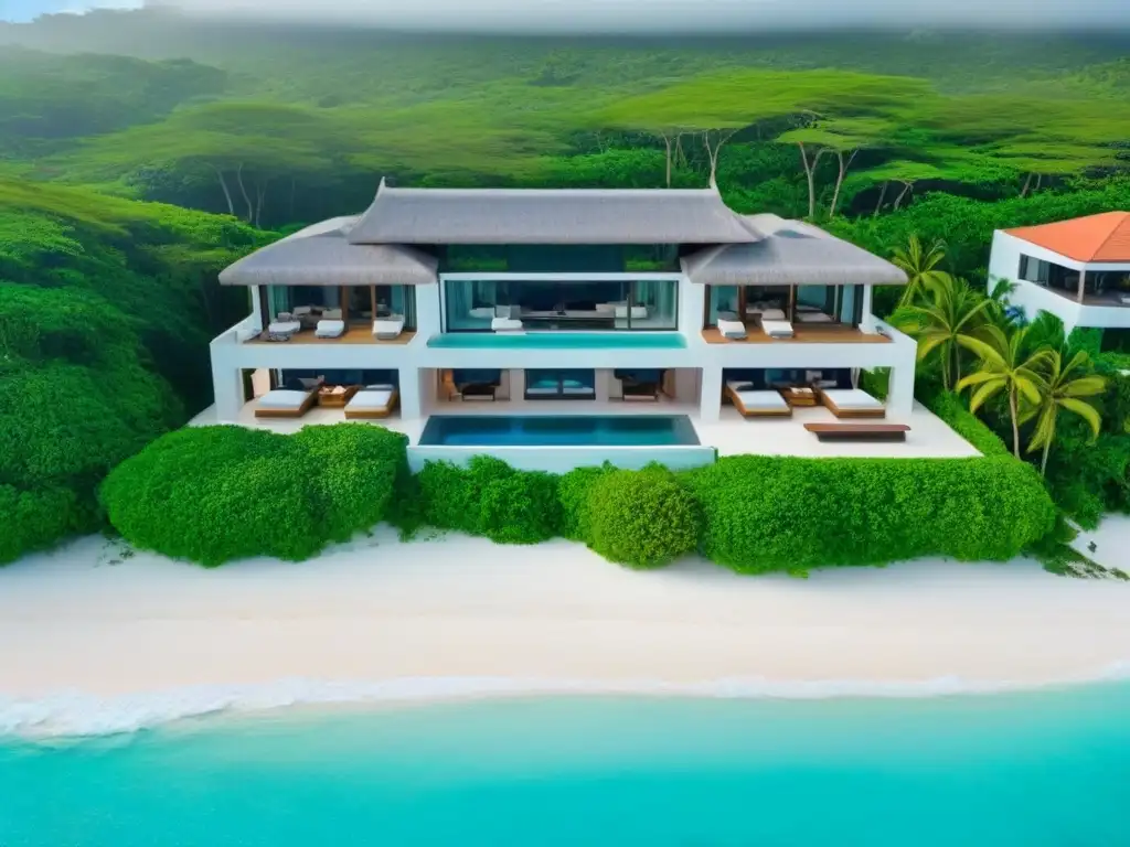 Propiedad de lujo en el Caribe: diseño moderno y vistas impresionantes Vista aérea de propiedad de lujo en el Caribe con diseño moderno y piscina infinita privada, rodeada de exuberante vegetación