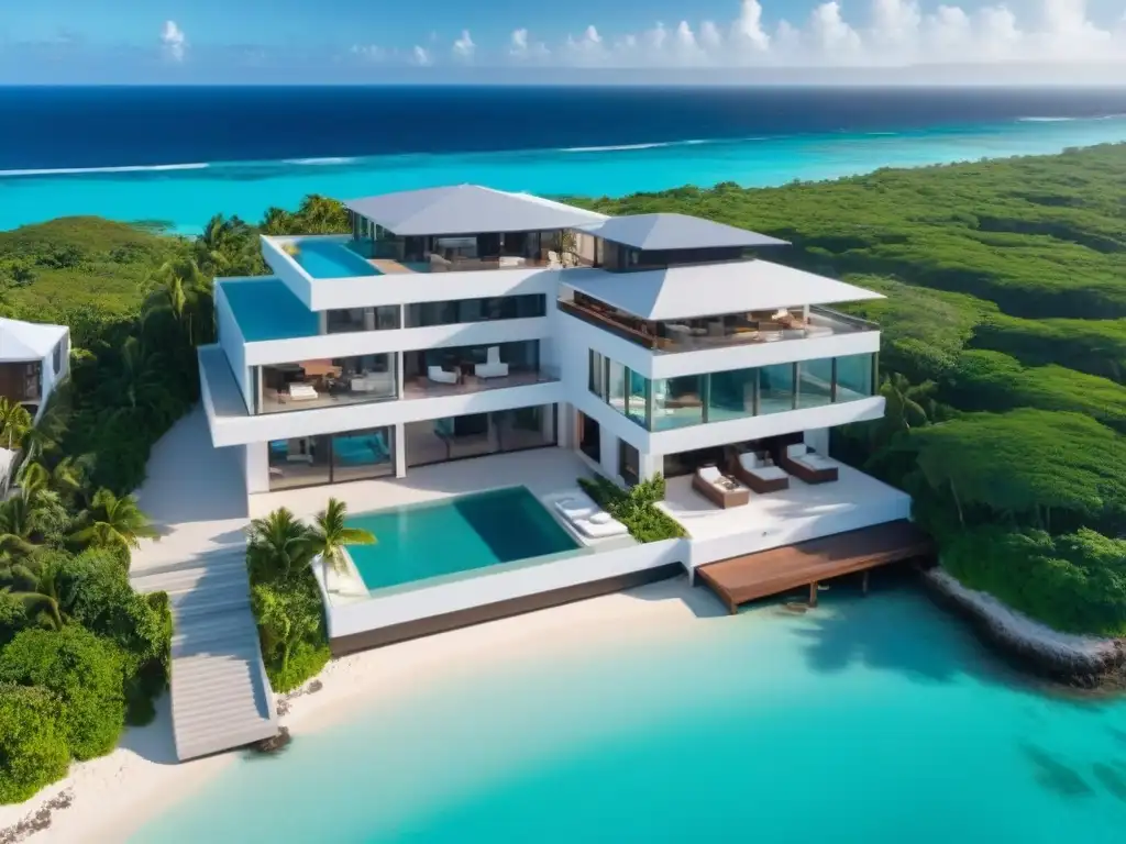Propiedad de lujo frente al mar en el Caribe: inversión 2023 Vista aérea de propiedad de lujo frente al mar en el Caribe con arquitectura moderna y piscina infinita privada