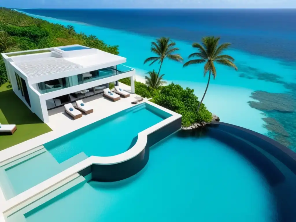 Villa de lujo con piscina infinita frente al mar Caribe Vista aérea de propiedad de lujo en la playa con infinity pool y vista al mar Caribe