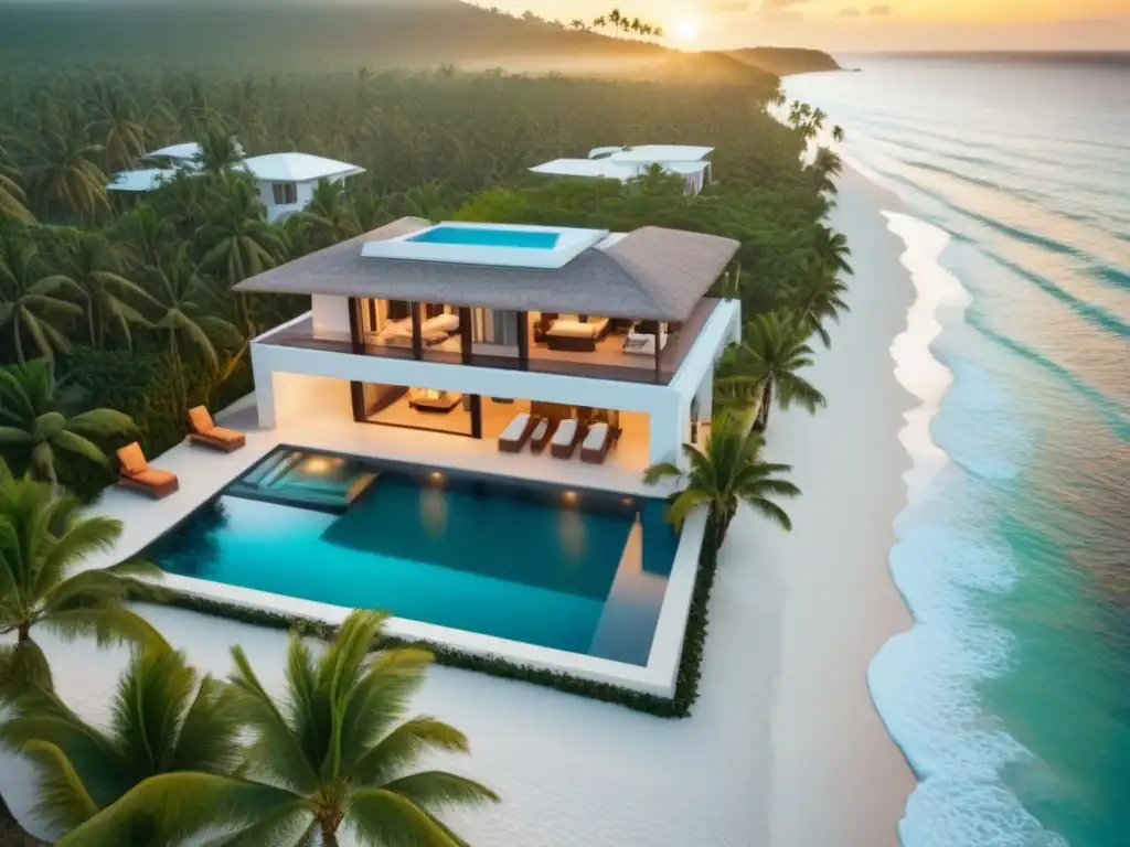 Propiedad de lujo frente al mar con piscina infinita privada Vista aérea de propiedad playera de lujo con piscina infinita privada, rodeada de palmeras y arena blanca