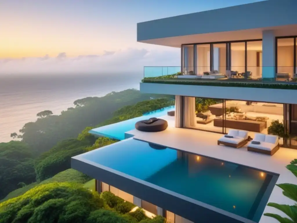Propiedad de lujo frente al mar con piscina infinita Vista aérea de propiedad de lujo frente al mar con moderna arquitectura, piscina infinita y atardecer dorado