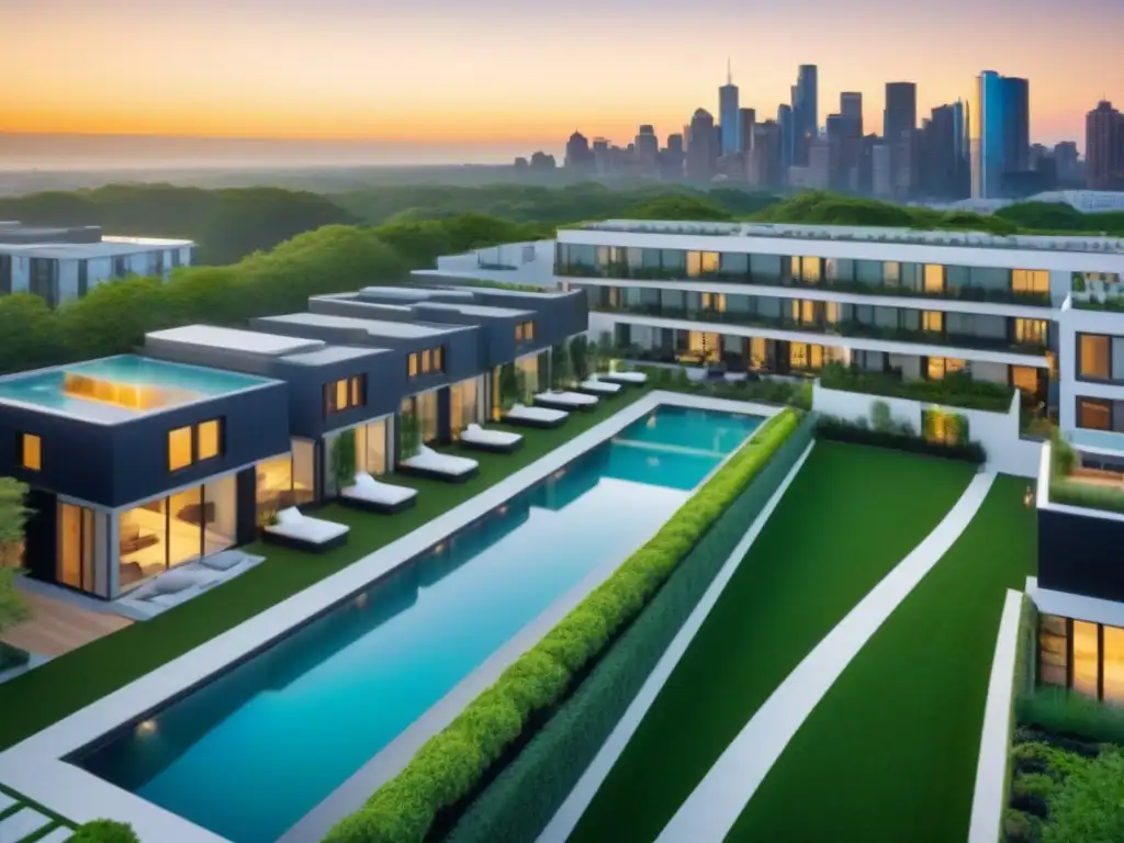 Propiedades de lujo en la ciudad: modernidad y exclusividad Vista aérea de propiedades de alquiler en un barrio lujoso y vibrante, ideal para inquilinos confiables