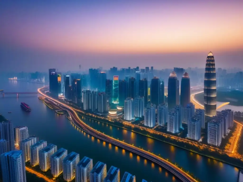 Horizonte lujoso de megaciudad asiática al anochecer Vista aérea de propiedades de lujo en megaciudades asiáticas al anochecer, reflejando opulencia y modernidad urbana