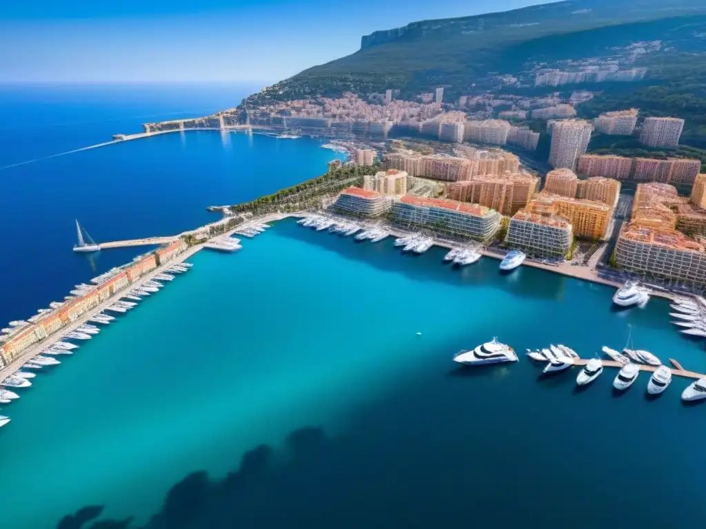 Mónaco: lujo y opulencia en la Riviera Francesa Vista aérea de propiedades de lujo en Mónaco, con arquitectura opulenta y yates en el mar Mediterráneo