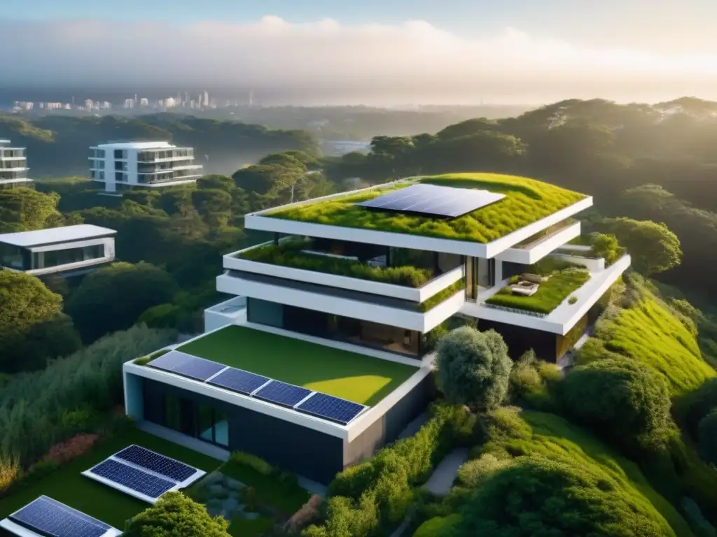 Proyecto inmobiliario sostenible: arquitectura moderna en armonía con la naturaleza Vista aérea de un proyecto inmobiliario sostenible internacional con diseño ecoamigable y arquitectura moderna integrada en entorno verde
