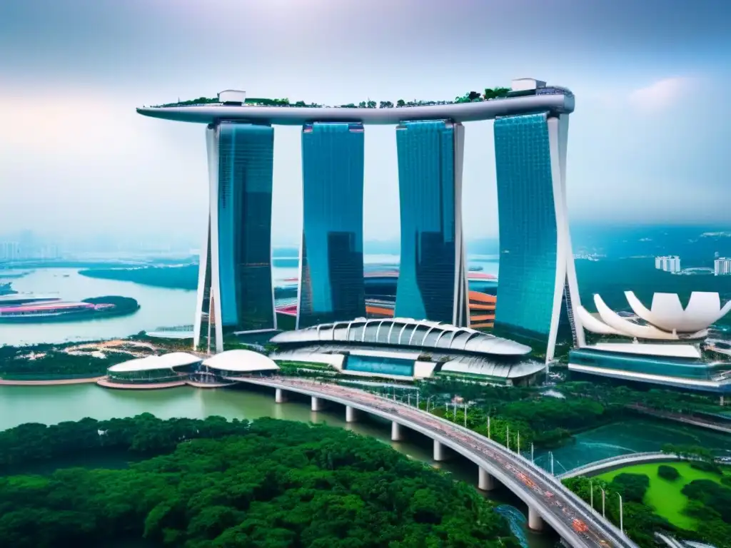 Marina Bay Sands: Futurismo en Singapur Vista aérea del icónico Marina Bay Sands en Singapur, destacando proyectos inmobiliarios ambiciosos Sudeste Asiático