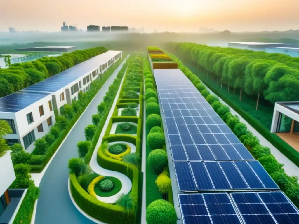 Desarrollo urbano sostenible: arquitectura ecoamigable y verde Vista aérea de Proyectos inmobiliarios sostenibles globales con edificios verdes, paneles solares y jardines en azoteas