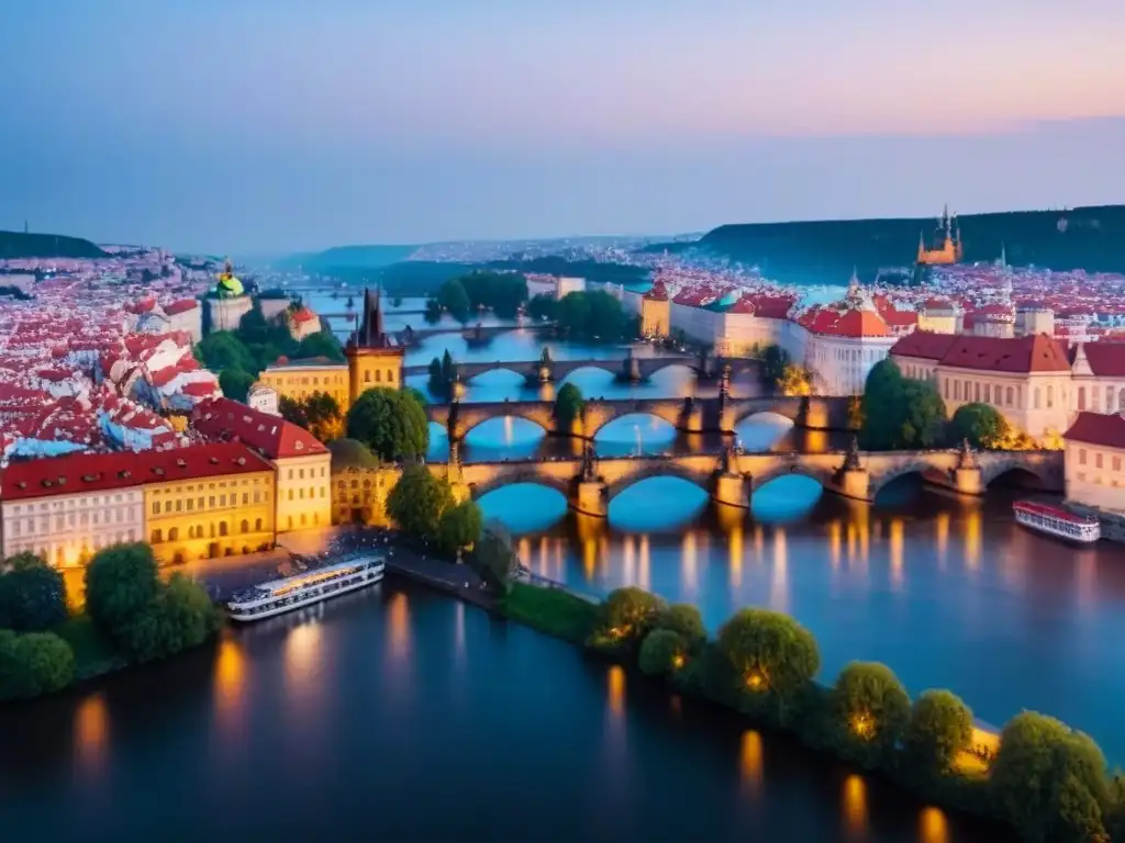 Praga: Encanto histórico y moderno a orillas del Vltava Vista aérea de Praga al anochecer, con el Puente de Carlos sobre el río Moldava y el Castillo de Praga al fondo