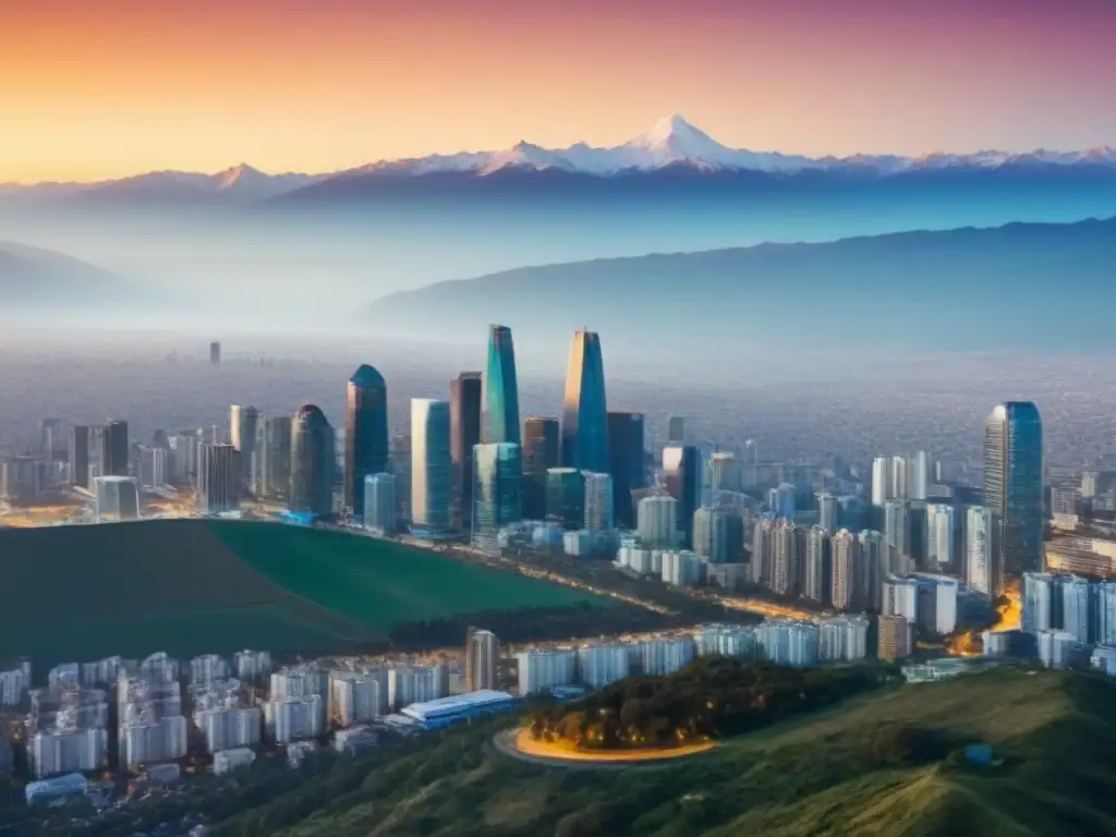 Vista aérea de Santiago, Chile con rascacielos y la belleza de la Cordillera de los Andes al fondo