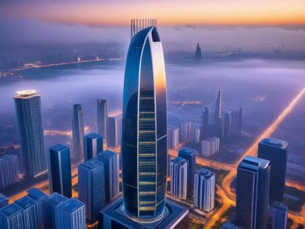 Rascacielos futurista: innovación en el horizonte urbano Vista aérea de un rascacielos futurista con diseño innovador y reflejos urbanos