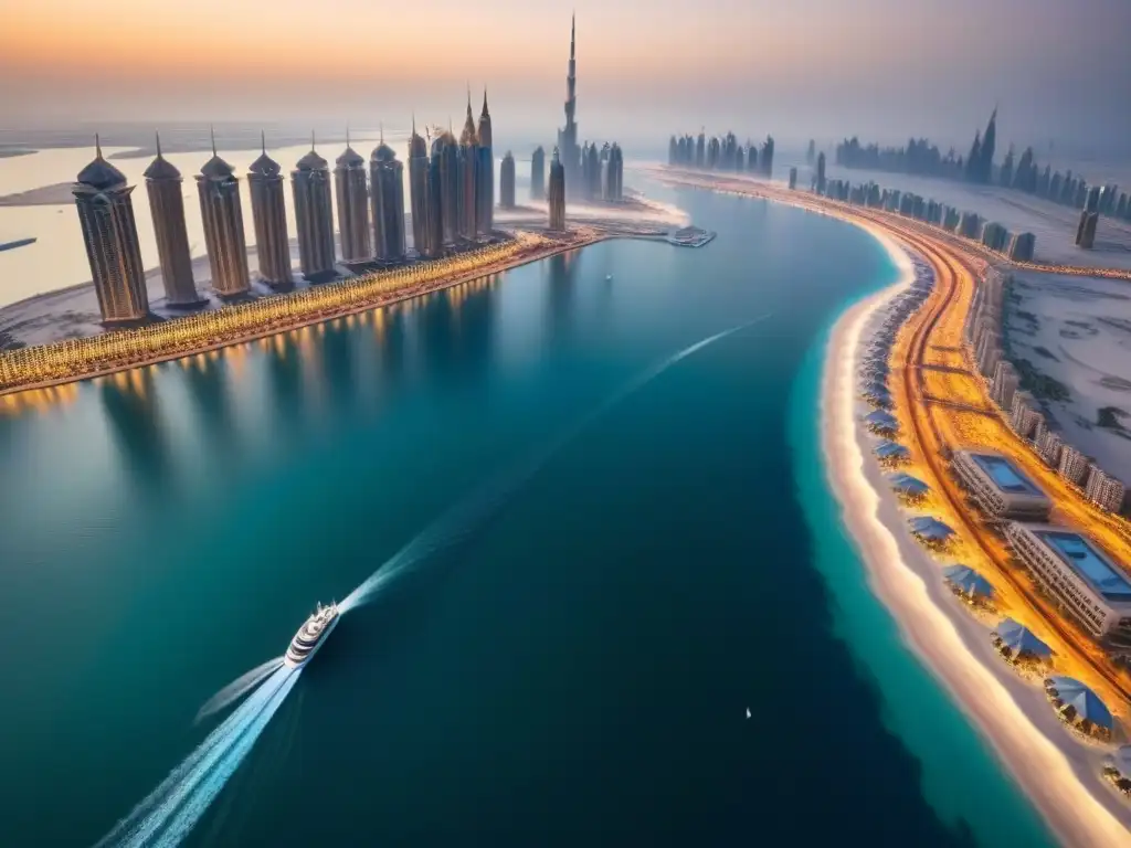 Espléndida vista aérea del futurista skyline de Dubai al anochecer Vista aérea de Dubai al anochecer, con rascacielos iluminados que dominan el horizonte