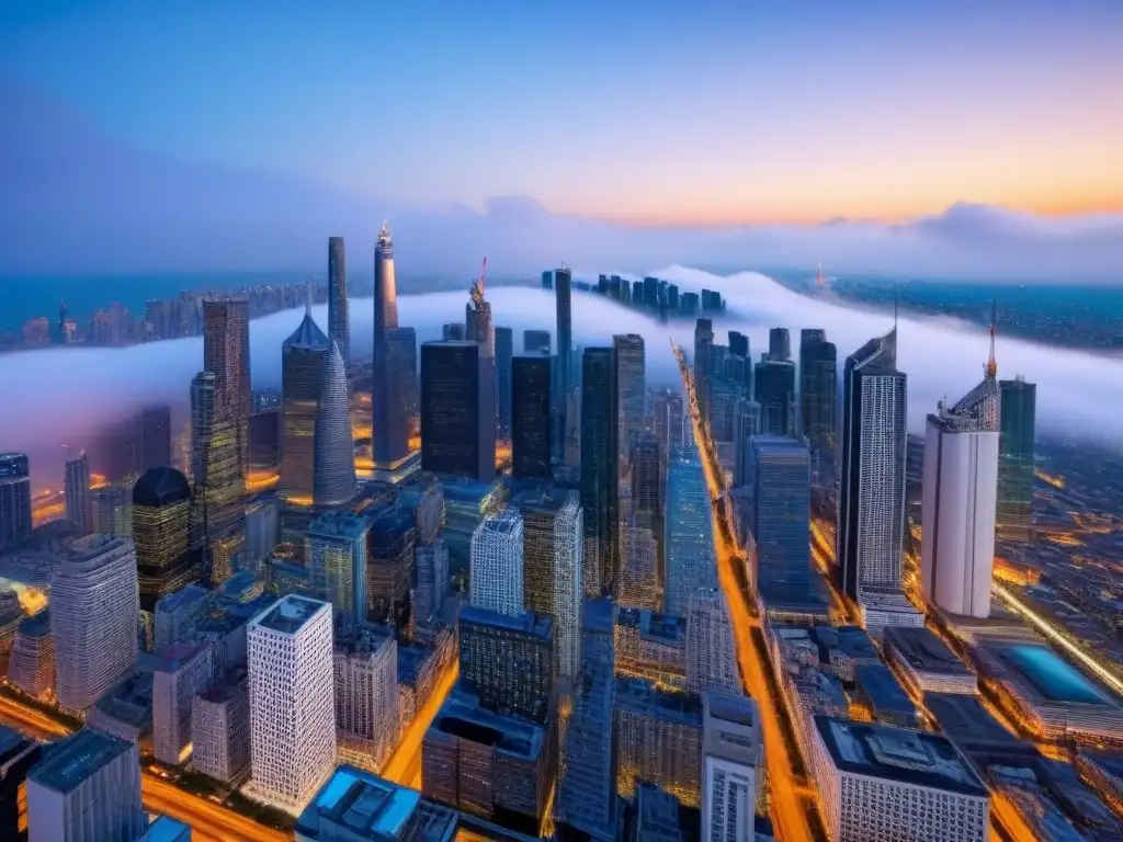 Horizonte urbano: luces de la ciudad al atardecer Vista aérea de metrópolis al anochecer con rascacielos iluminados por luces de la ciudad, fusiones capitales inmobiliarias globales