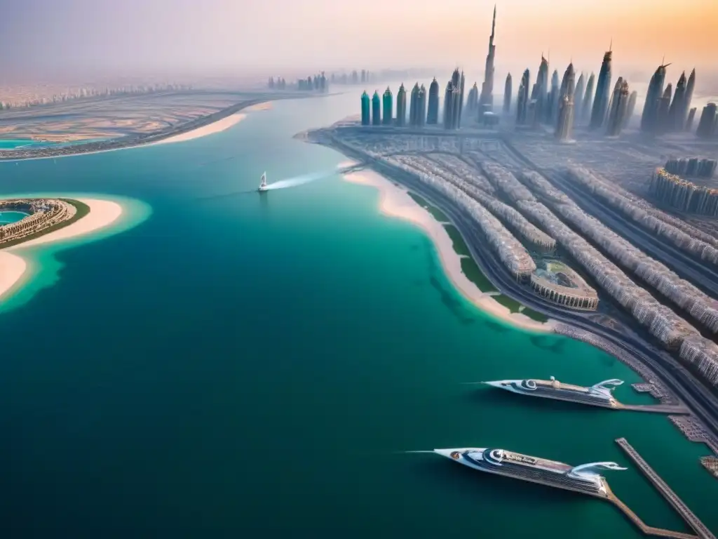 Skyline de lujo en Dubai: Burj Khalifa y rascacielos Vista aérea de Dubai con el icónico Burj Khalifa y rascacielos de lujo
