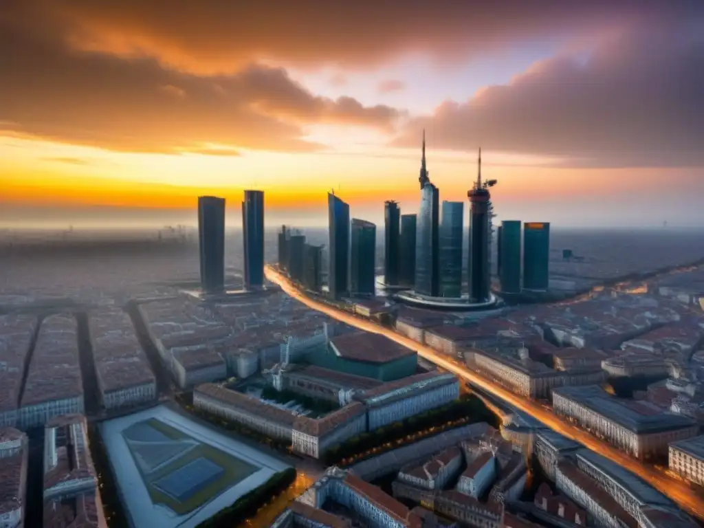 Esplendor urbano: skyline moderno de Milán en la luz dorada Vista aérea de Milán con rascacielos relucientes en la luz dorada, mostrando oportunidades para inversionistas globales mercado inmobiliario Milán