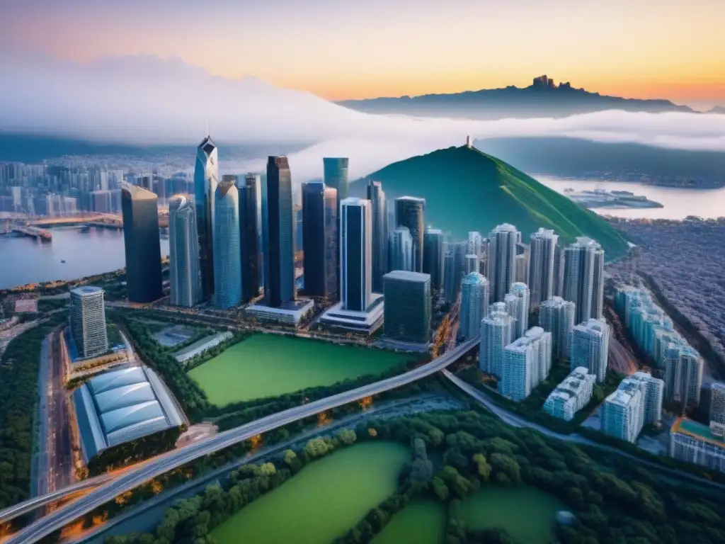 Panorama urbano internacional: rascacielos, lujo y dinamismo Una vista aérea de alta resolución de un vibrante paisaje urbano con oportunidades de inversión en el mercado inmobiliario internacional