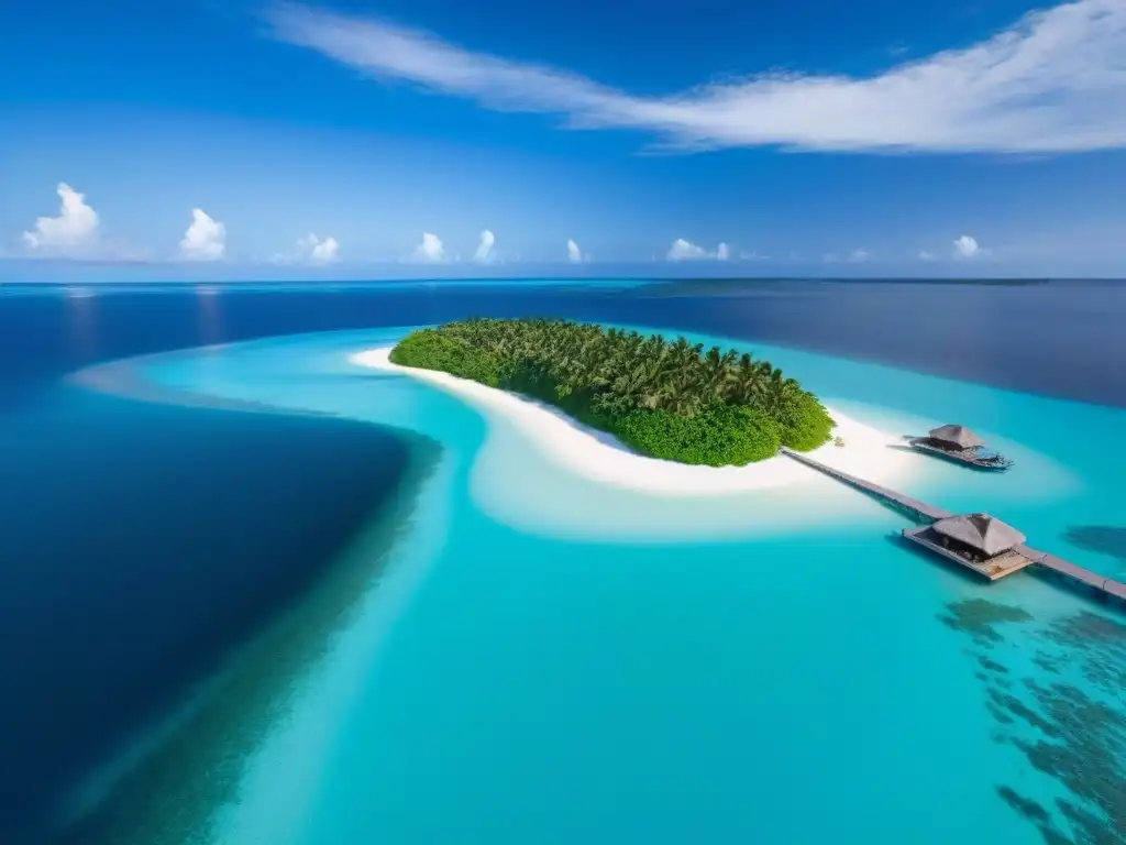 Resort de lujo en isla privada: aguas turquesa y villas exclusivas Vista aérea de resort exclusivo en isla privada: aguas cristalinas, playas blancas, villas lujosas con piscinas infinitas y yate privado en muelle