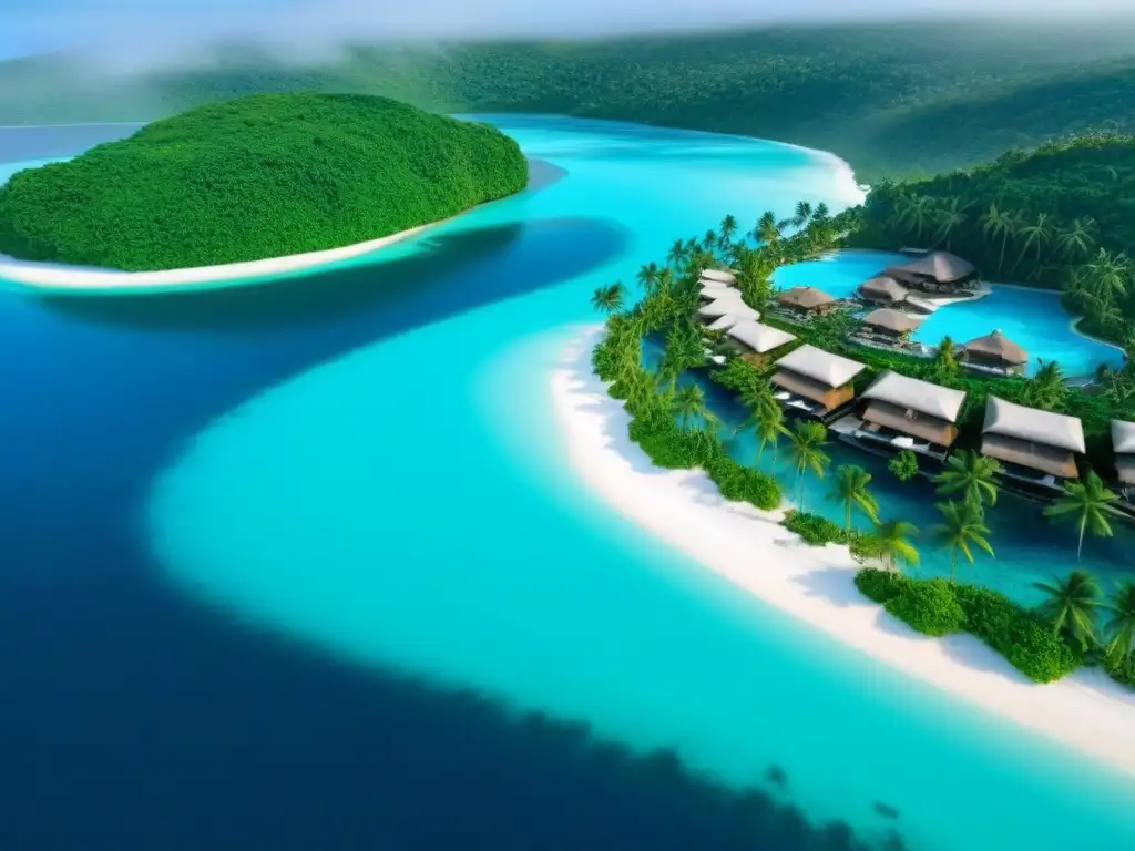 Vista aérea de resort en isla privada: aguas turquesa, playas blancas, villas con piscinas infinitas