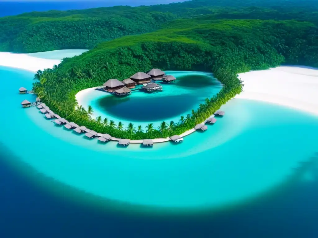 Paraíso exclusivo: vista aérea de lujoso resort en isla privada Vista aérea de un resort de lujo en isla privada con aguas turquesas, playas blancas y bungalows sobre el agua