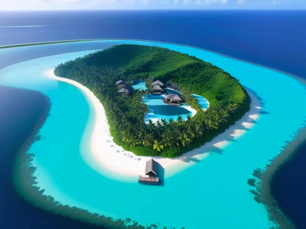 Paraíso exclusivo: Resort de lujo en isla privada Vista aérea de resort de lujo en isla privada, con villas sobre el agua, playas blancas y aguas turquesas