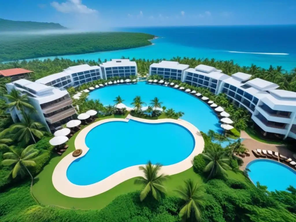 Resort de lujo: exclusividad y relax en paraíso tropical Vista aérea de resort de lujo con arquitectura moderna rodeado de exuberante vegetación tropical y aguas cristalinas