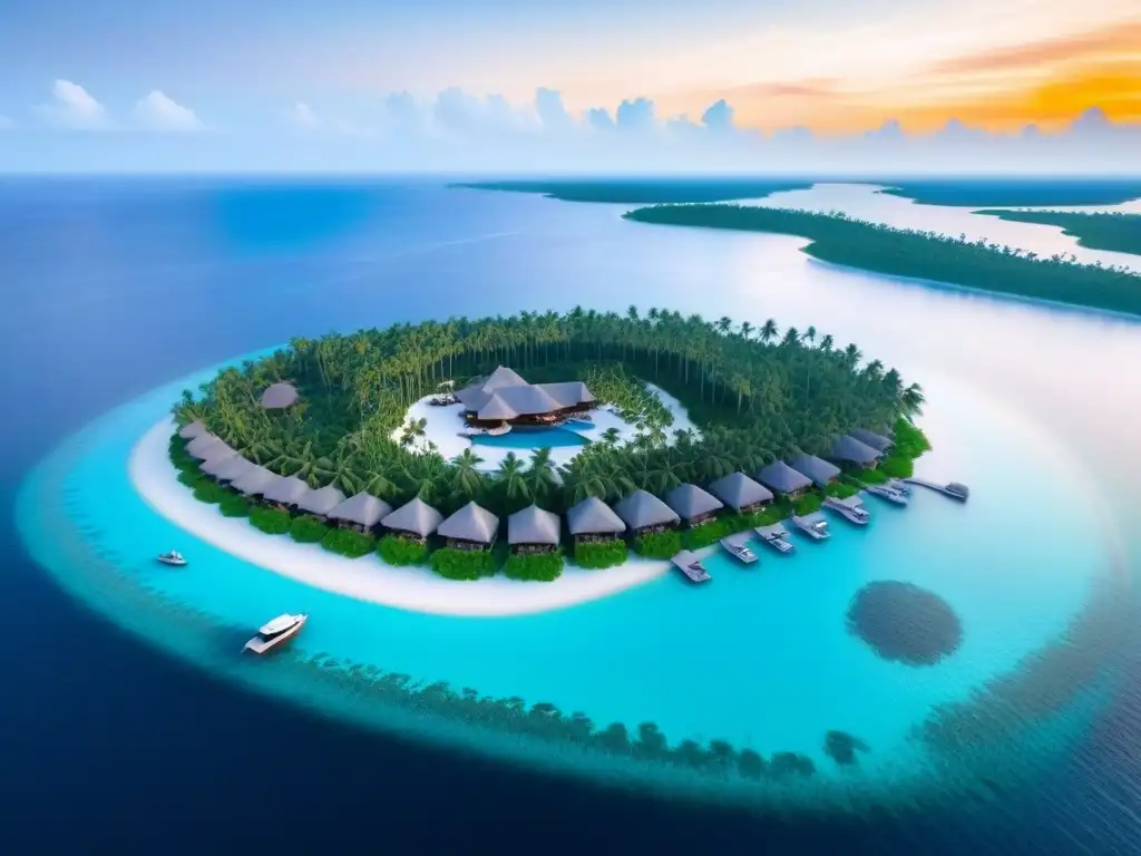 Paraíso exclusivo: isla privada con villas de lujo y playas de ensueño Vista aérea de un resort de lujo en isla privada con villas sobre el agua y yate en muelle privado al atardecer