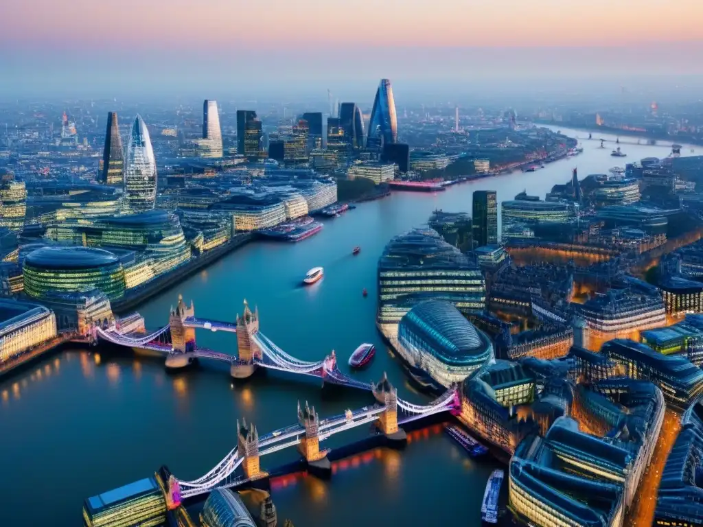 Horizonte de Londres: Mercado inmobiliario postBrexit Vista aérea de Londres con el río Támesis y emblemáticos edificios, reflejando el dinamismo del mercado inmobiliario internacional post-Brexit