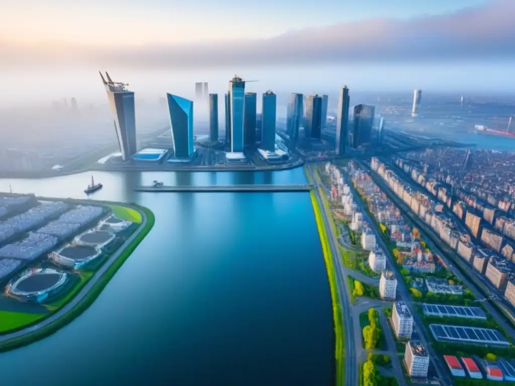 Arquitectura innovadora y sostenible en Rotterdam Vista aérea de Rotterdam, con diseño arquitectónico innovador y desarrollo sostenible, bajo cielo azul