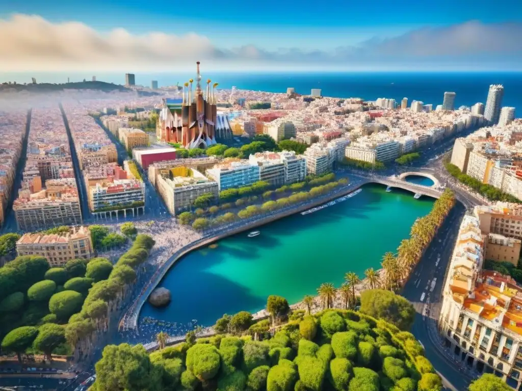 Barcelona: Ciudad de ensueño con vista aérea Vista aérea de Barcelona con la Sagrada Familia, Park Guell y la costa mediterránea, ideal para inversión inmobiliaria internacional en Barcelona