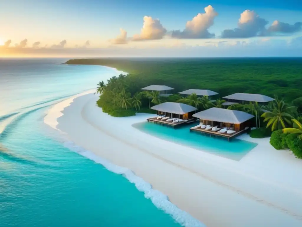 Paraíso caribeño: lujo y exclusividad frente al mar Una vista aérea serena de un lujoso resort caribeño frente a la playa, integrado con exuberante vegetación tropical