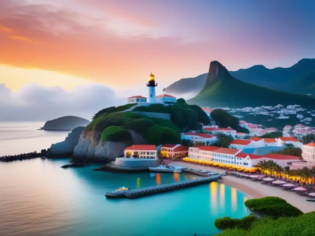 Puesta de sol en pueblo costero: puerto, playa y faro Vista aérea serena de un pueblo costero al atardecer con puerto, playa dorada, palmeras y faro