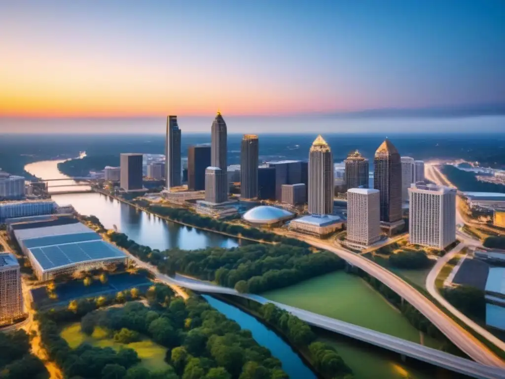Horizonte de Atlanta al atardecer: modernidad y vida urbana en crecimiento Vista aérea del skyline de Atlanta al atardecer, reflejando la vida urbana y el vibrante mercado inmobiliario internacional Georgia