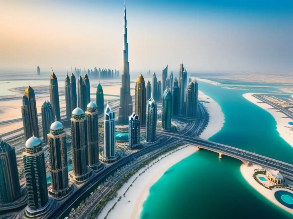 Horizonte de Dubai: lujo y arquitectura futurista Vista aérea del skyline de Dubai con rascacielos futuristas y propiedades de lujo en el mercado inmobiliario internacional Dubai