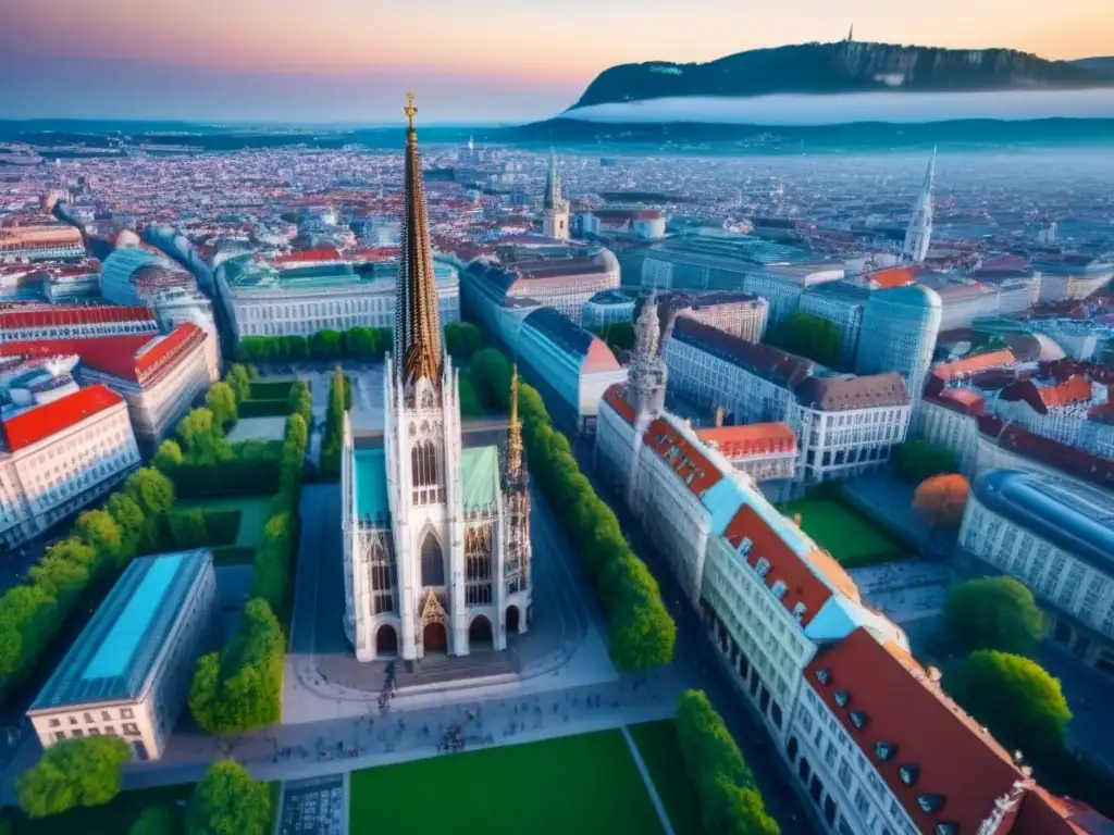 Contraste arquitectónico en Viena: historia y modernidad Vista aérea de Viena: catedral Stephansdom, rascacielos, bulliciosas calles y parques verdes